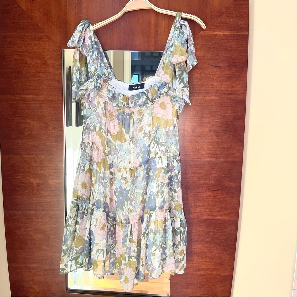 Aakaa Floral Mini Dress in Blue and Cream